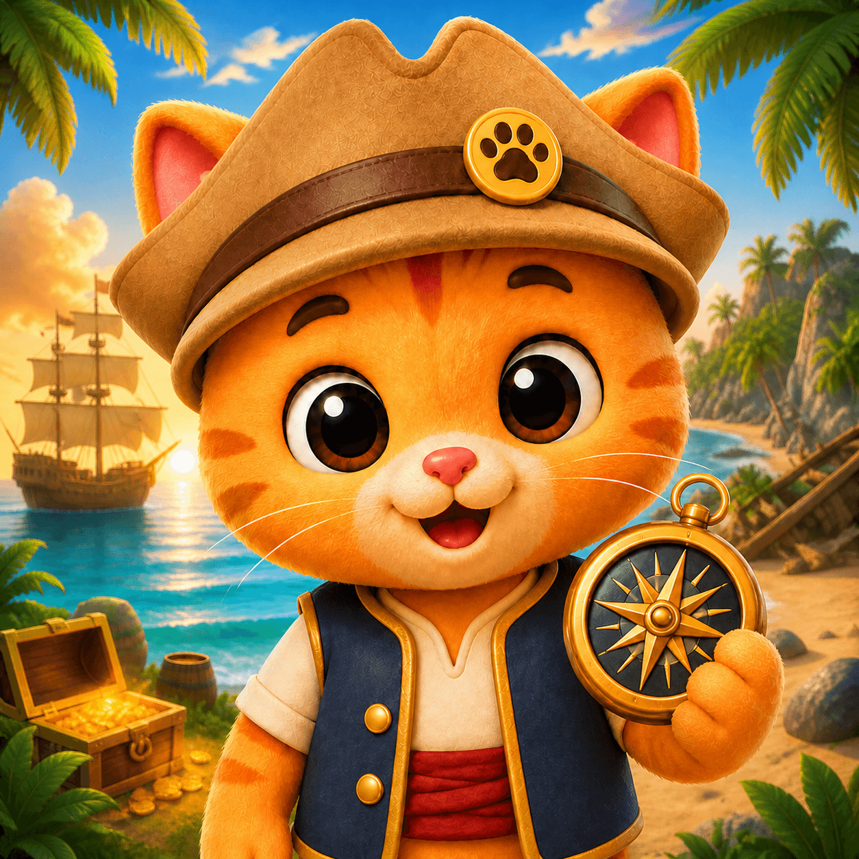Buddy Cat holds the Golden Compass on a tropical shore