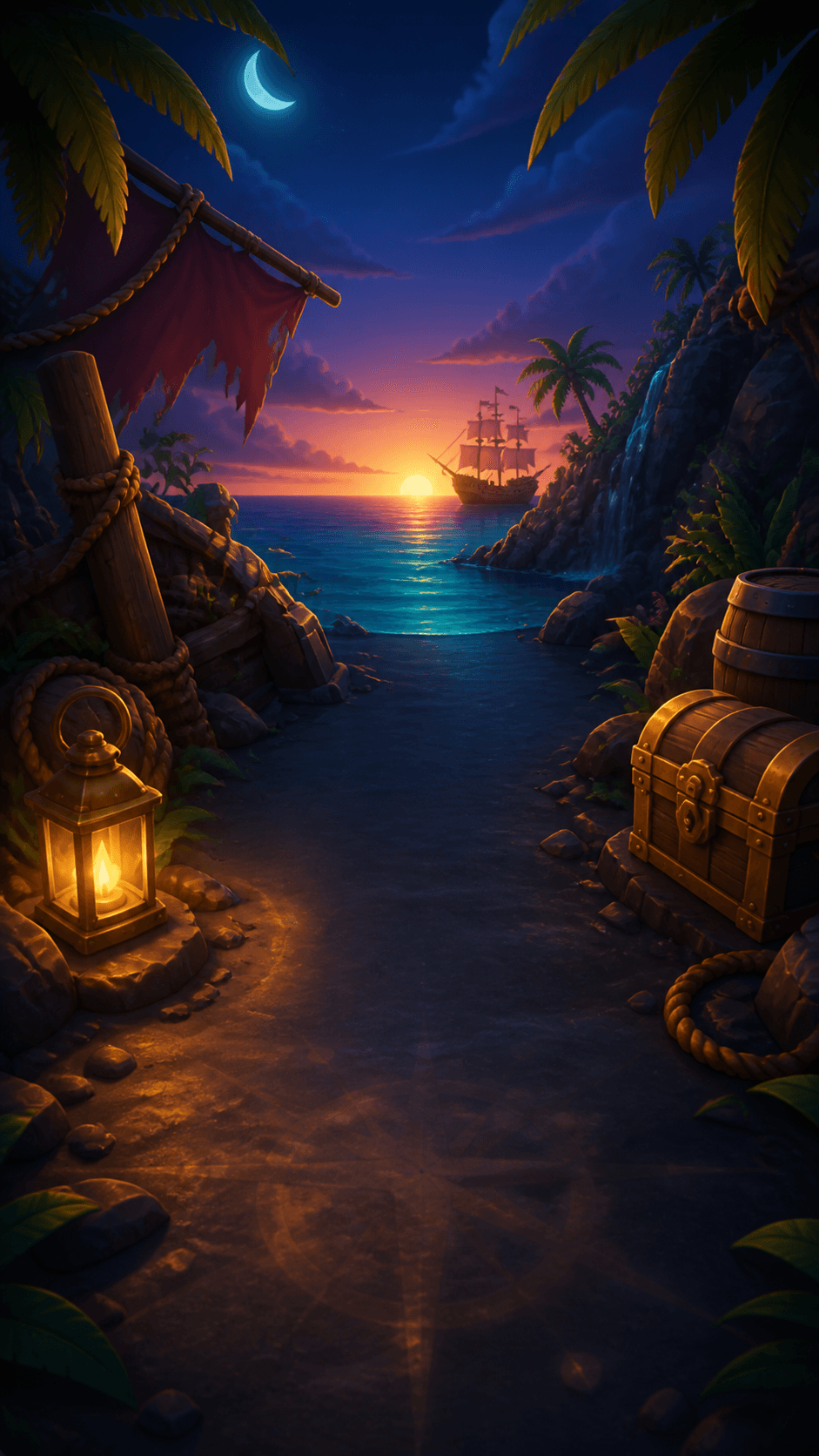 A moonlit tropical pirate cove