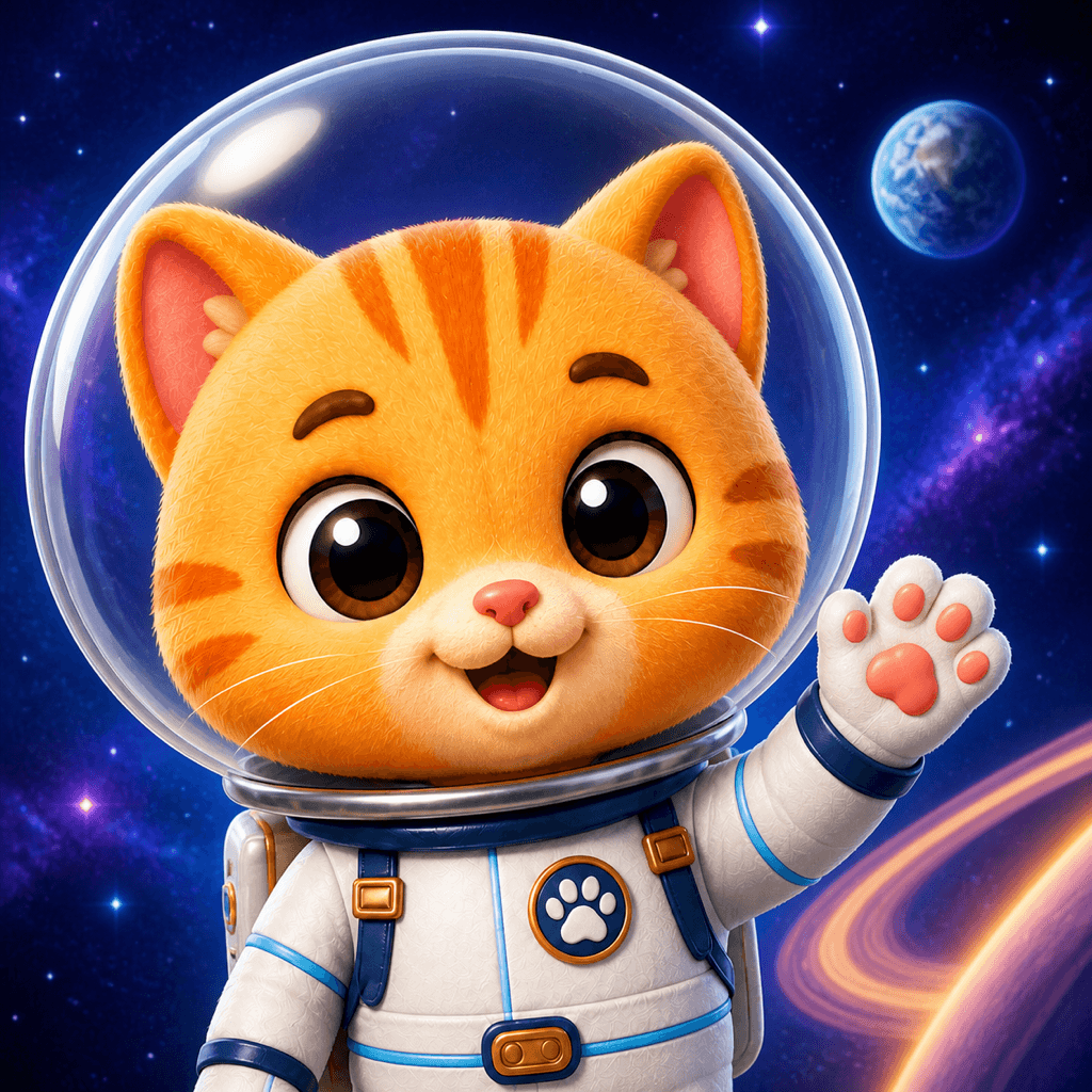 Buddy Cat in a space suit, ready for the journey home