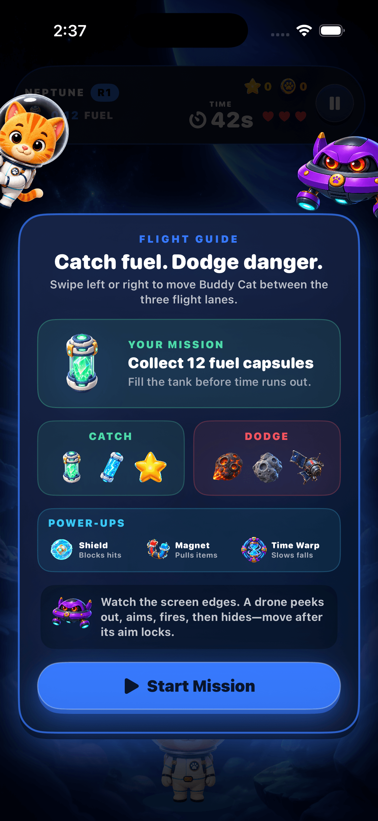 Space Adventure mission briefing with fuel, hazards, and power-ups