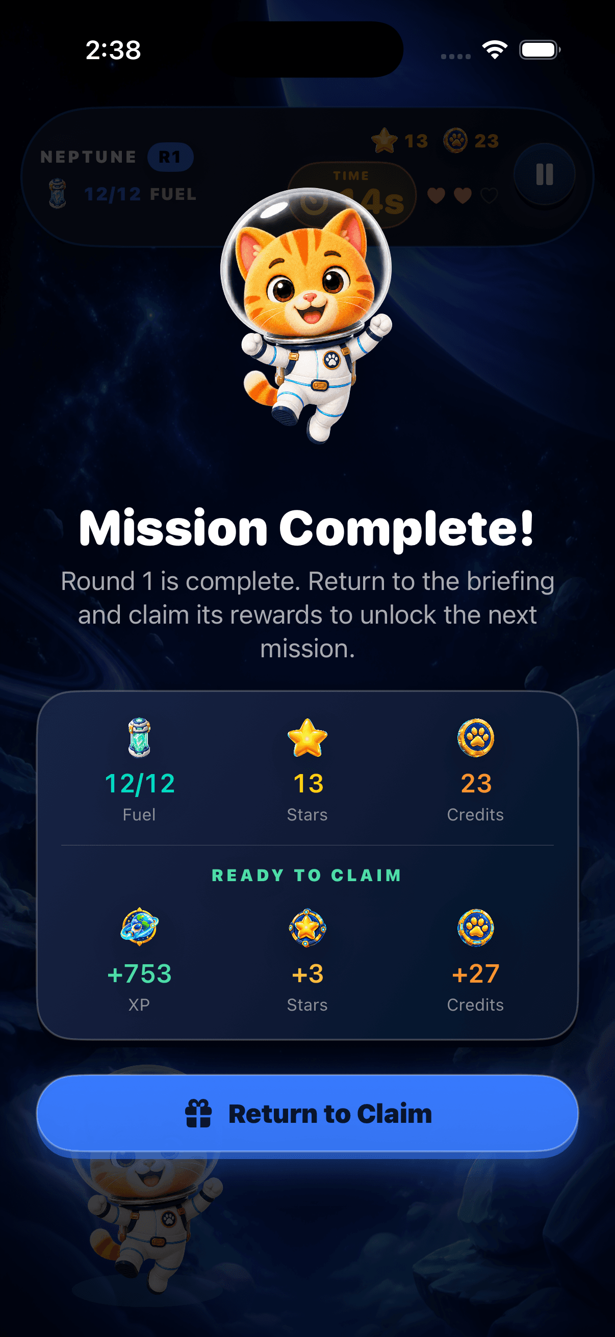 Space Adventure mission complete screen with earned rewards