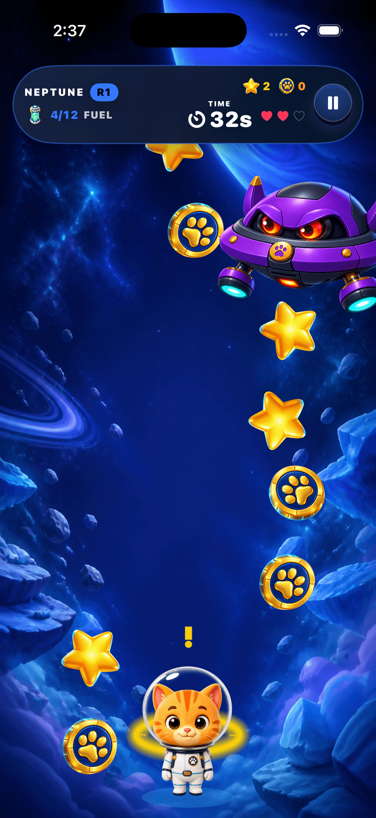 Buddy Cat collecting stars and credits during a Neptune mission