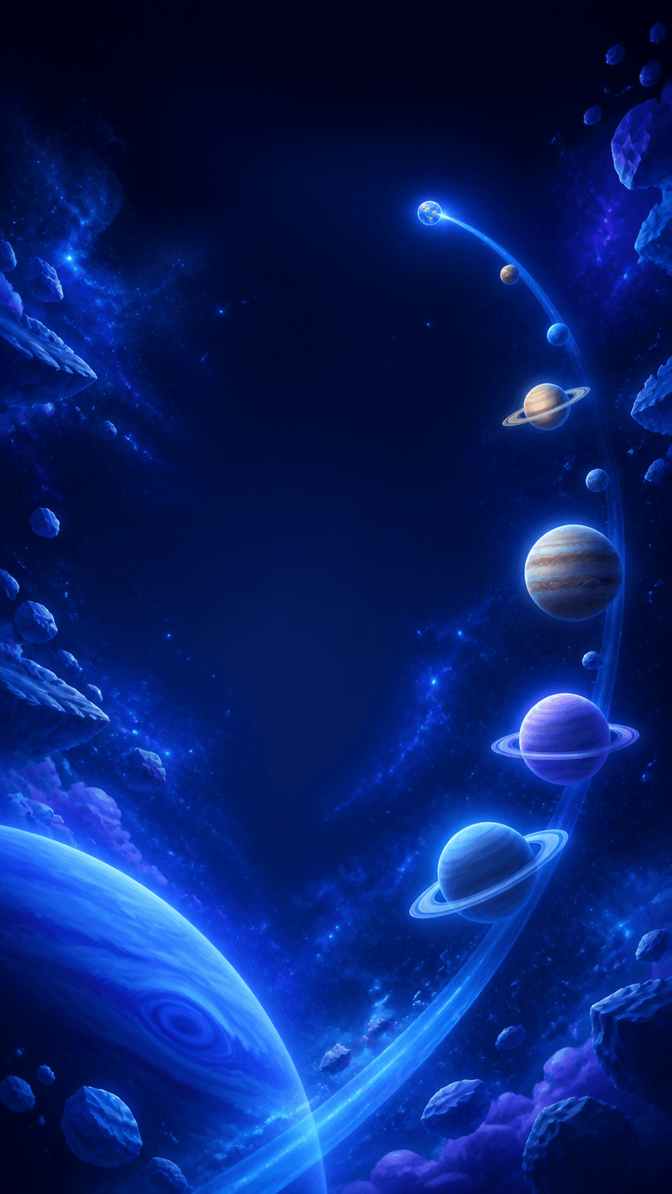 A brilliant blue planet above a deep-space flight path