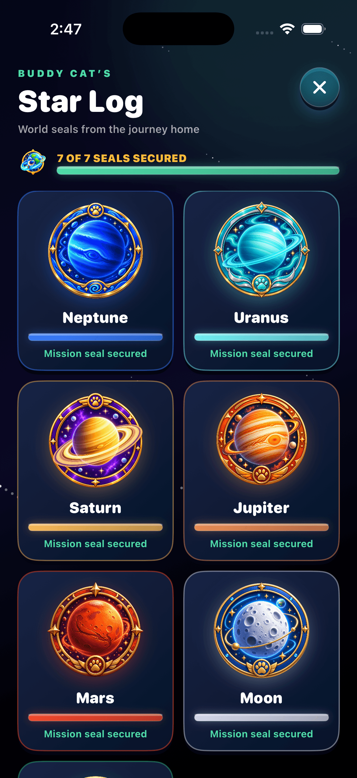 Buddy Cat's Star Log with seven completed world seals
