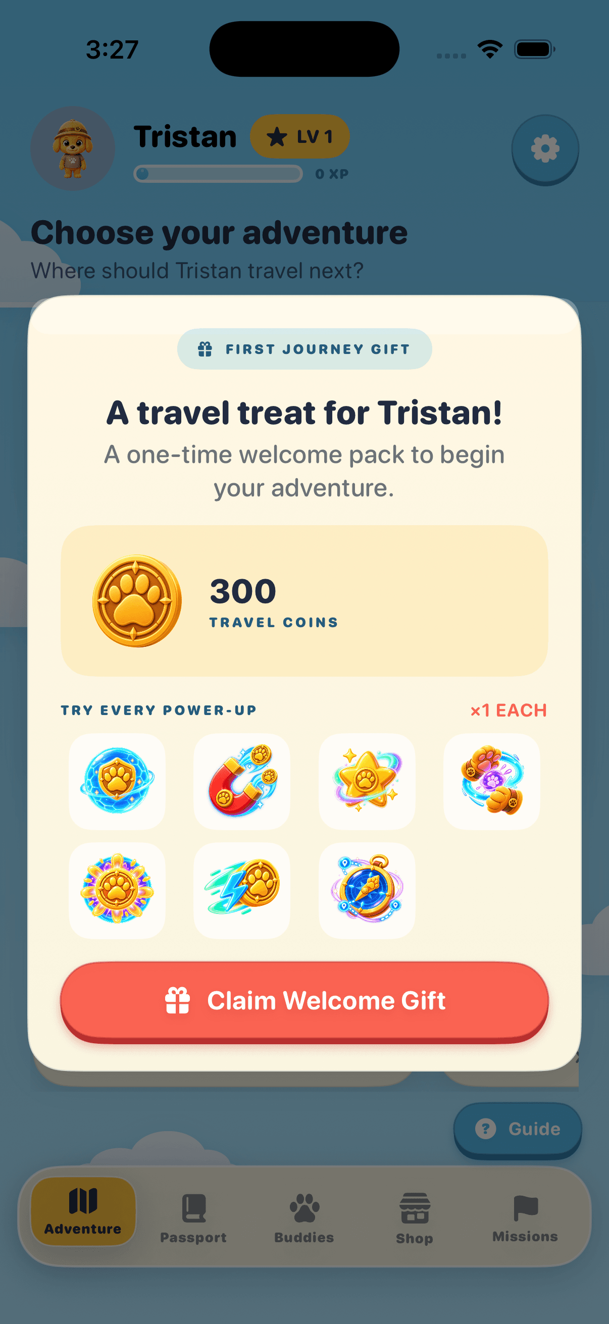 First Journey Gift with 300 Travel Coins and one of every power-up