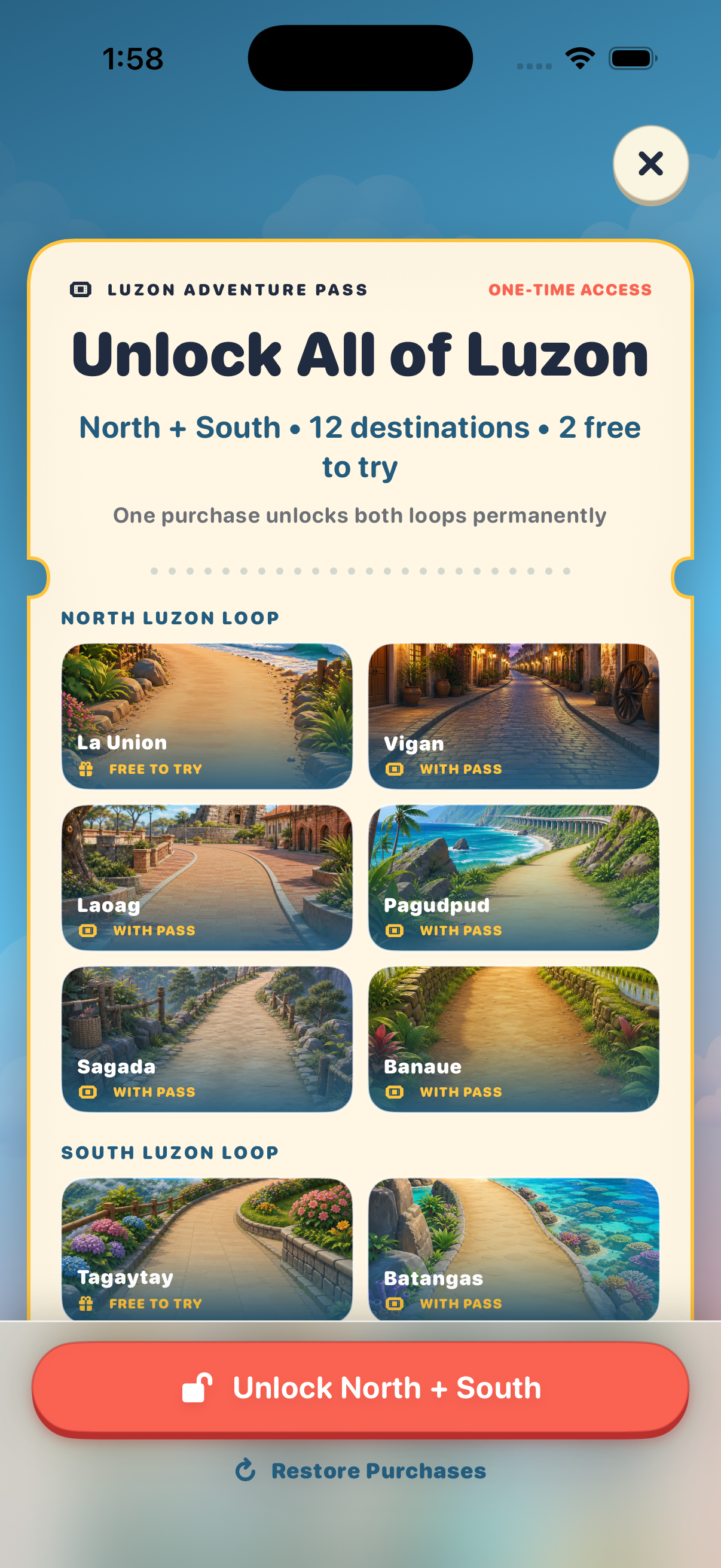 Luzon Adventure Pass showing North and South Luzon destinations