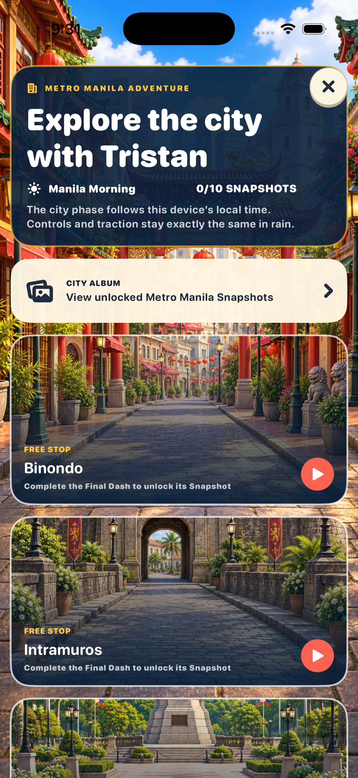 Metro Manila Adventure city destination screen